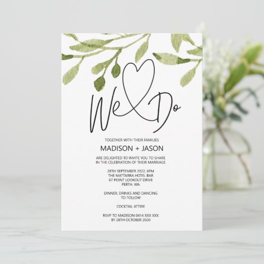 Wir machen einfache moderne Hochzeitsgrün Eukalypt Einladung (Stehend Vorderseite)