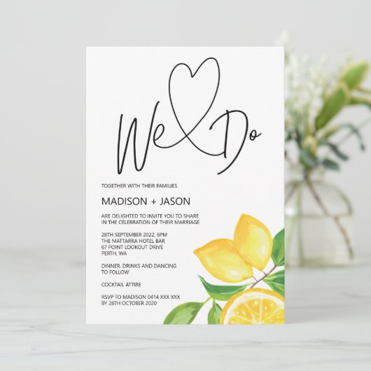 Wir machen einfache moderne Hochzeitsommerlemon Einladung (Stehend Vorderseite)