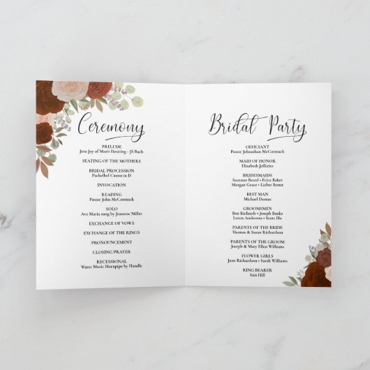 Wir machen elegante Rost Orange Rose Boho Hochzeit Programm (Innenseite)