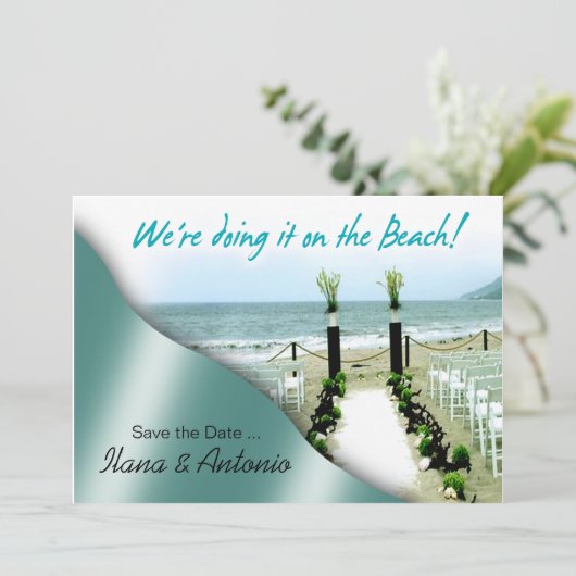 Wir machen es Save the Date am Strand (Stehend Vorderseite)