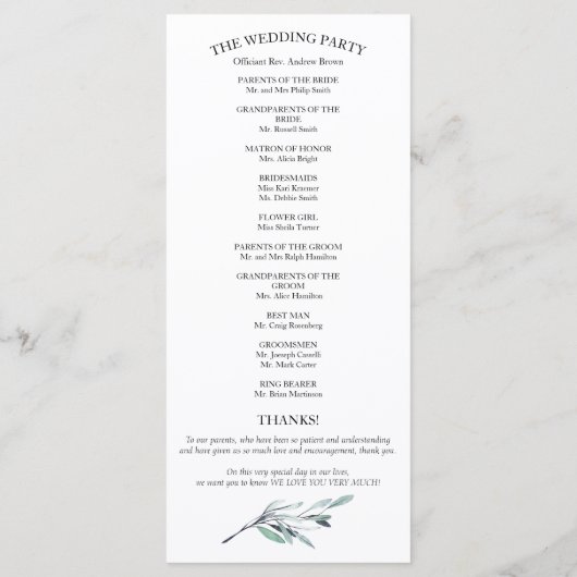 Wir machen Eukalyptus-Blätter Grünheiratsprogramme Programm (Rückseite)