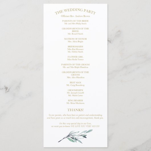 Wir machen Eukalyptus-Blätter Grünheiratsprogramme Programm (Rückseite)