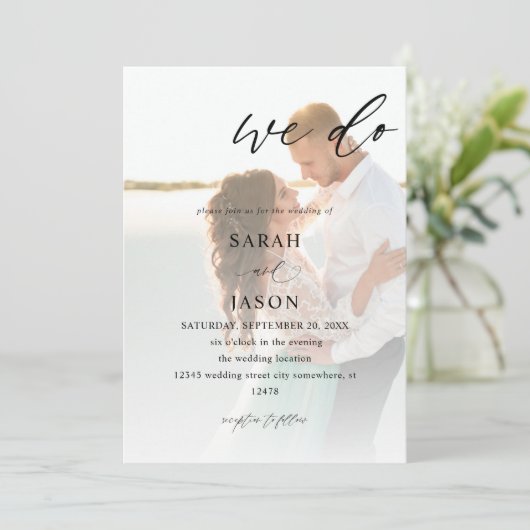 Wir machen Foto-Kalligrafie-Hochzeit Einladung (Stehend Vorderseite)