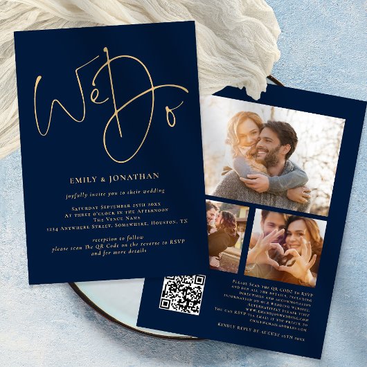 Wir machen Gold 3 Fotos QR Code Navy Blue Wedding Einladung