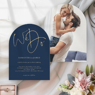 Wir machen Gold Script Foto Navy Blue Wedding Arch Einladung