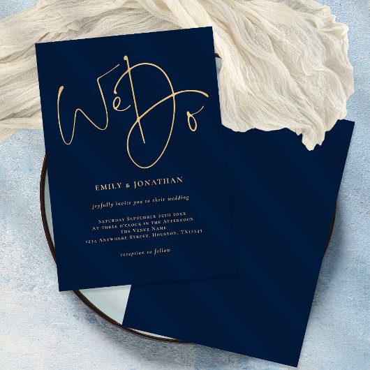 Wir machen Gold Script Navy Blue Wedding Einladung