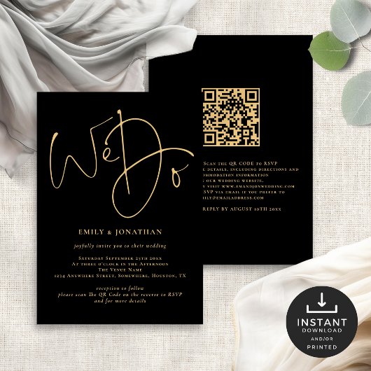 Wir machen Gold Script QR Code Black Wedding Einladung