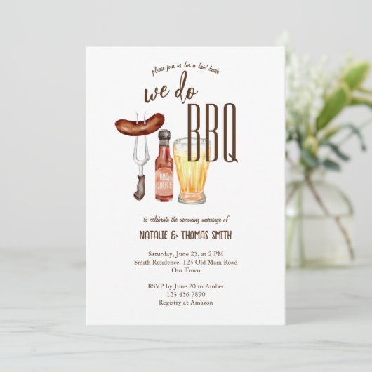 Wir machen GRILLEN Barbecue Brautparty Dusche Einladung (Stehend Vorderseite)