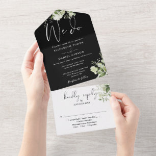 Wir machen Grün Monogramm Schwarz-Weiße Hochzeit All In One Einladung