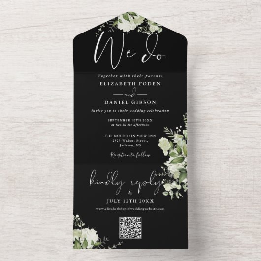Wir machen grüne QR Code Schwarz-Weiß Hochzeit All In One Einladung (Innen Boden)