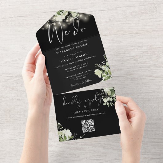 Wir machen Grünen String Lights QR Code Hochzeit All In One Einladung (Abreißen)