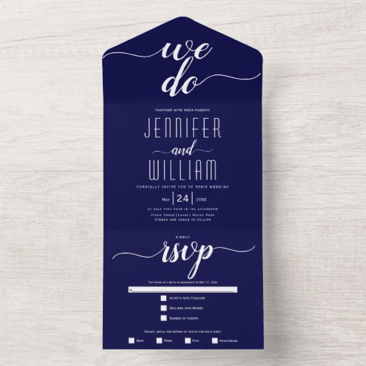 Wir machen Hochzeiten mit blauem Schriftzeichen All In One Einladung (Innen Boden)