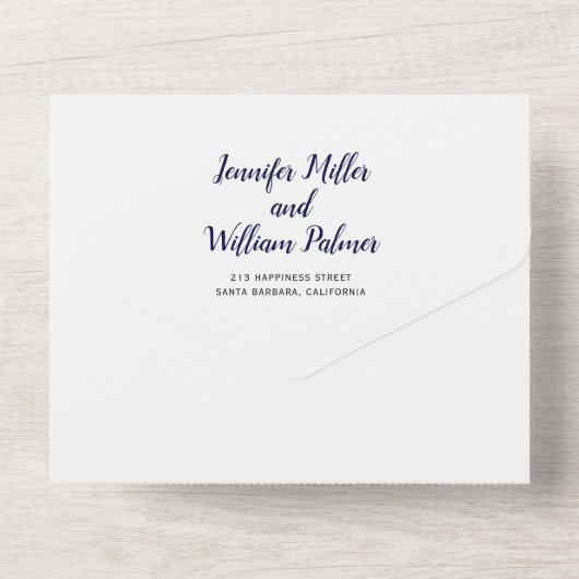 Wir machen Hochzeiten mit blauem Schriftzeichen All In One Einladung (Rückseite)