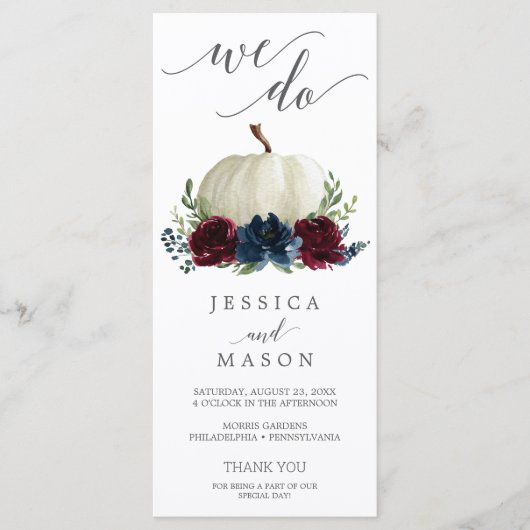 Wir machen Hochzeitsprogramm Burgundy Navy Pumpkin Programm (Vorderseite)