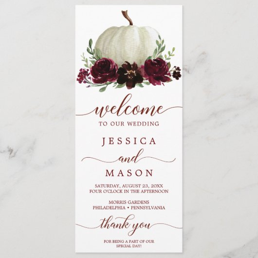 Wir machen Hochzeitsprogramm Burgundy Pumpkin Fall Programm (Vorderseite)