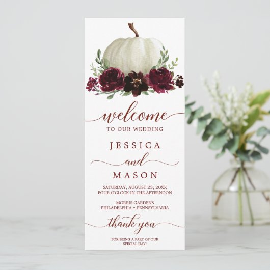 Wir machen Hochzeitsprogramm Burgundy Pumpkin Fall Programm (Stehend Vorderseite)