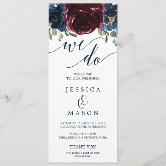 Wir machen Hochzeitsprogramm für Burgundy Navy Programm (Vorderseite)