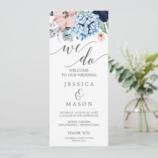 Wir machen Hochzeitsprogramme für Navy Blooms Programm (Stehend Vorderseite)