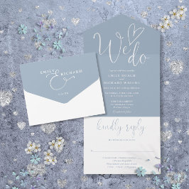 Wir machen Liebe Heart Script Dusty Blue Wedding All In One Einladung