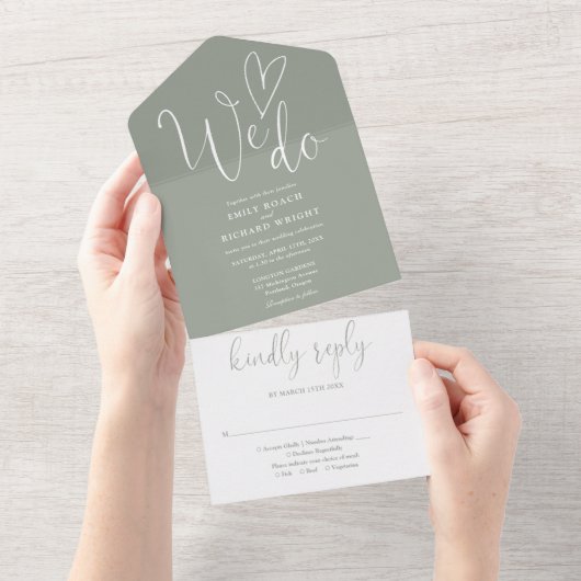 Wir machen Liebe Heart Script Sage Green Wedding All In One Einladung (Abreißen)