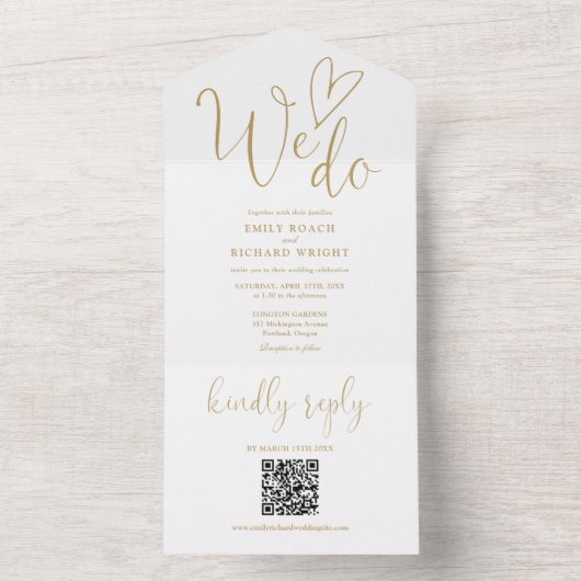 Wir machen Liebe Herz QR Code Chic Gold Hochzeit All In One Einladung (Innen Boden)
