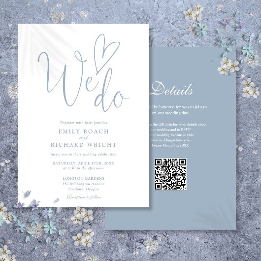 Wir machen Liebe Herz QR Code Dusty Blue Wedding Einladung