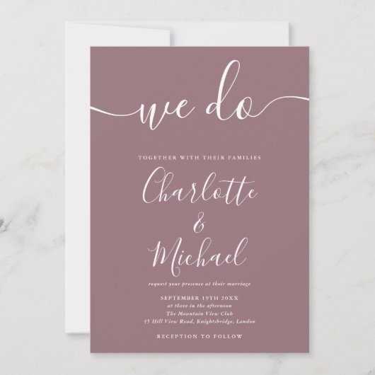 Wir machen Mauve Signature Script Hochzeit Einladung (Vorderseite)