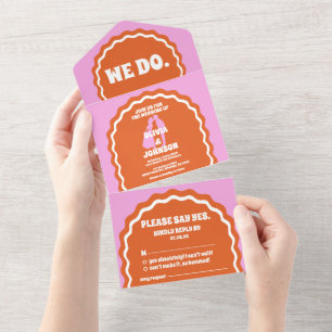 Wir machen modernen, fetten, pink-orangen Retro-We All In One Einladung