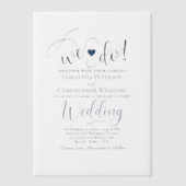Wir machen Navy Blue Modern Script & Heart Wedding Pergament Einladungen (Vorderseite)