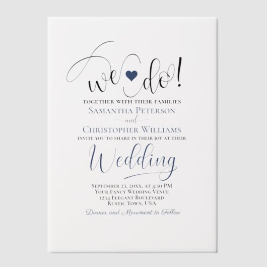 Wir machen Navy Blue Modern Script & Heart Wedding Pergament Einladungen (Vorderseite)