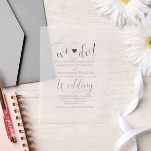 Wir machen Navy Blue Modern Script & Heart Wedding Pergament Einladungen