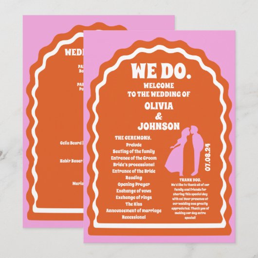 Wir machen Orange Retro Arch Wedding Order of Serv Programm (Vorne/Hinten)