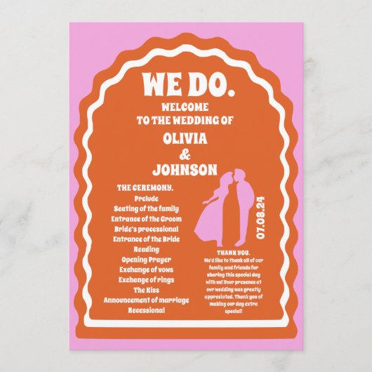 Wir machen Orange Retro Arch Wedding Order of Serv Programm (Vorderseite)