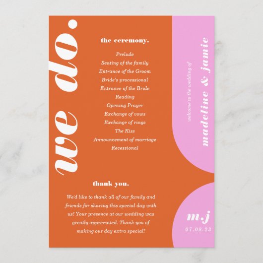 Wir machen Orange Retro Style Wedding Order of Ser Programm (Vorderseite)