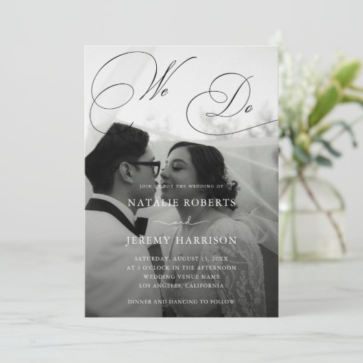 Wir machen Script 2 Fotos QR Code Lässig Hochzeit Einladung (Stehend Vorderseite)