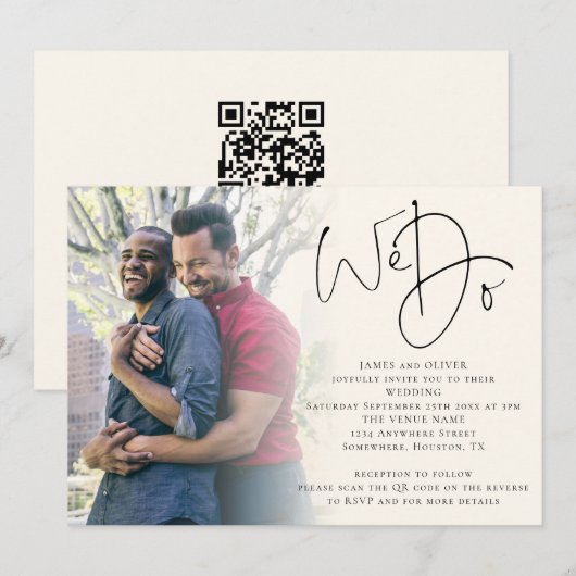 Wir machen Script Foto QR Code Gay Cream Wedding Einladung (Vorne/Hinten)