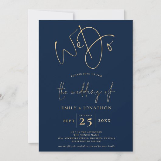 Wir machen Script QR Code Navy Blue Hochzeit Einladung (Vorderseite)