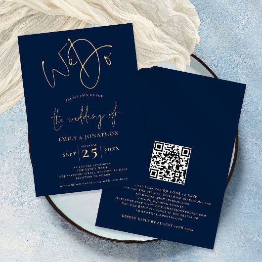 Wir machen Script QR Code Navy Blue Hochzeit Einladung