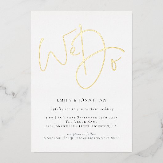 Wir machen Script QR Code Real Gold Foil Hochzeit Folieneinladung (Vorderseite)