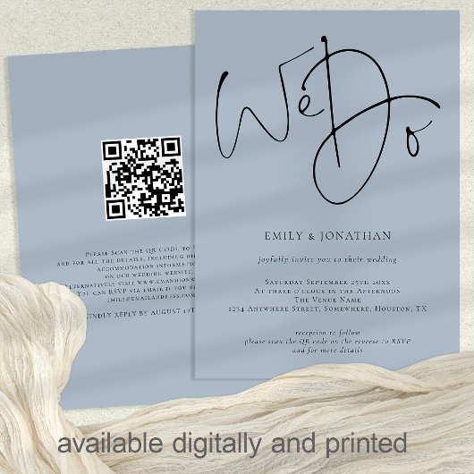Wir machen Skriptdusty Blue QR Code Hochzeit Einladung