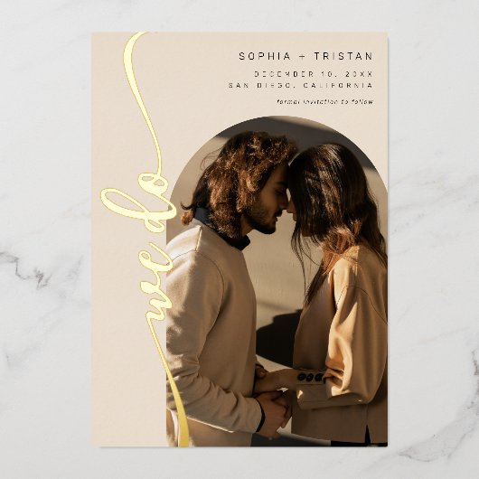 Wir machen Vertikales Boho Arch Beige Foto Save th Folieneinladung (Vorderseite)