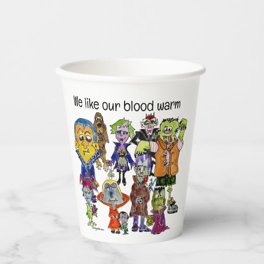 Wir mögen unsere blutwärmen Vampire Papier-Cups Pappbecher (Vorderseite)