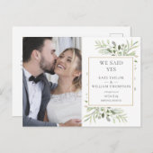 Wir sagten ja, Greenery Elopement Foto Hochzeit Ankündigungspostkarte (Vorne/Hinten)