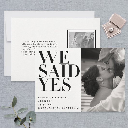 Wir sagten ja, Schwarz-weißes Foto Hochzeitsankünd Einladung