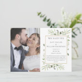 Wir sagten Yes Greenery Foto Hochzeitsankündigung Einladung (Stehend Vorderseite)