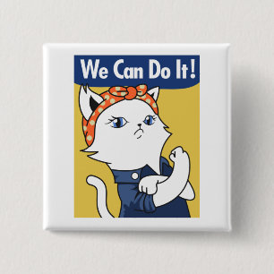 Wir schaffen das! Weiße Katze Rosie the Riveter Button