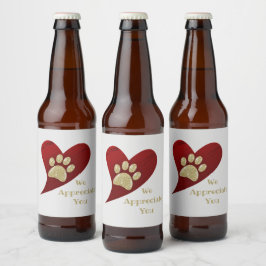 Wir schätzen Sie Red Heart Gold Paw Print Danke Bierflaschenetikett