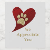 Wir schätzen Sie Red Heart Gold Paw Print Danke Weinetikett (Einzelnes Label)