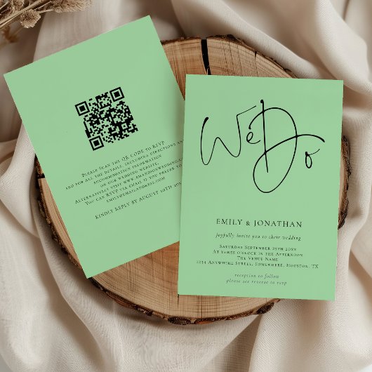 Wir schreiben QR Code Celadon Green Wedding Einladung