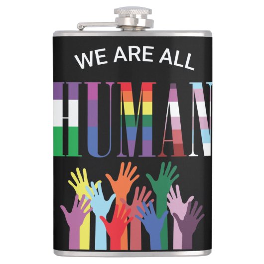 Wir sind alle menschliche farbenfrohe Hände gepack Flachmann (Vorderseite)